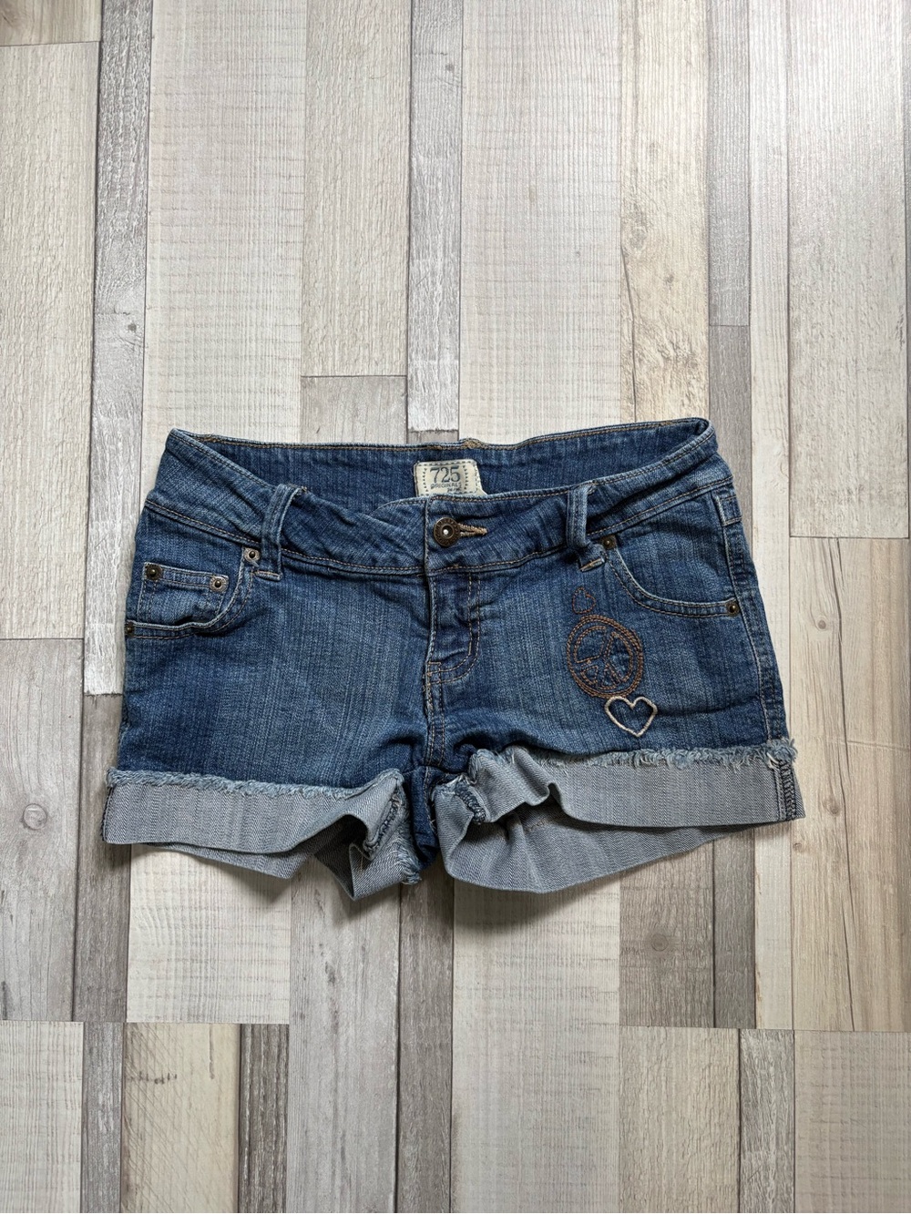 Women's Dark Blue Denim Rolled-Hem Jean Shorts with Embroidered Detail